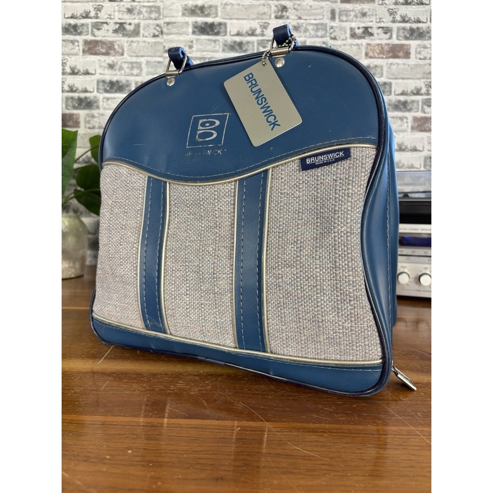 ⭐️Brunswick Retro Blue Bowling Ball Bag Vintage Vinyl⭐️w/ Tweed Fabric Top Carry